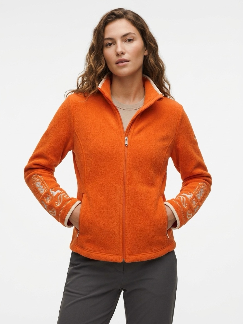 Bogner Alpine Ibex Embroidered Full Zip Fleece Jacket Orange US 8